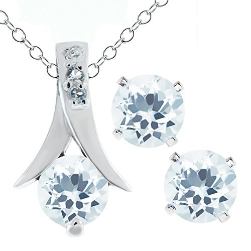 2.25 Ct Round Aquamarine .925 Silver Pendant and Earrings Set 18 Chain