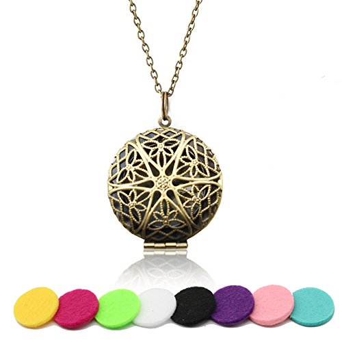 HOTOR Antique Bronze Durable Essential Oils Diffuser Locket Necklace Pendant With 8 Refilled and Washable Pads