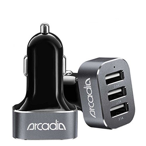 Car Charger, Arcadia(TM) -1PC : Triple USB Port High-Speed 2.4/2.1A/2.1A USB Port Car Chargers: Total 5V@6.6A Max = 33W output -Black/Dark Grey