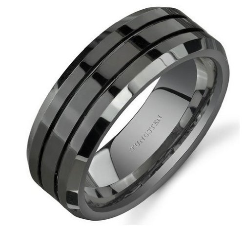 King Will 8mm Black Tungsten Rings for Men Polished Beveled Edge Double Groove Wedding Bands