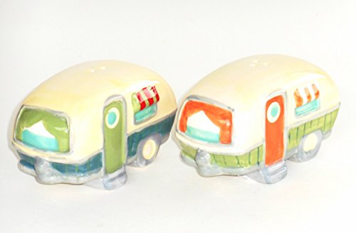 Rv Salt and Pepper Shaker - Two Camper Trailers with Striped Awnings - Camping