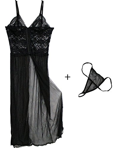 Lace Sexy Women Lingerie Dress Black Long Slit Dress G-string Set Babydoll
