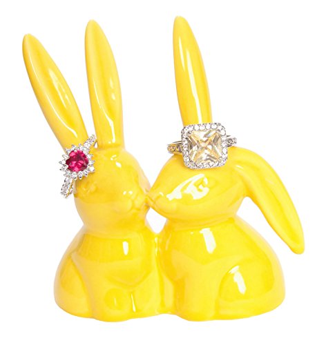 Bunny Rabbit Ring Holder, Yellow Ceramic Engagement & Wedding Ring Holder, Measures 2.75Wx3.25Hx1.75D