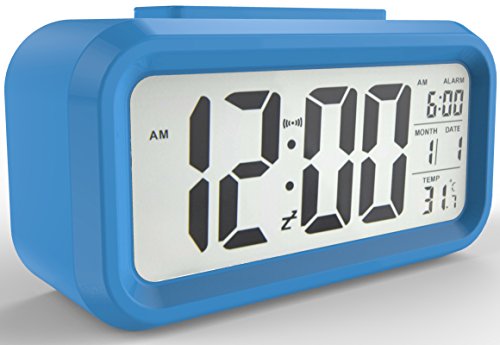 Gloue Digital Alarm Clock Battery Operated- Bedroom Clock- Temperature Display- Snooze and Large Display- Smart Night Light(white Backlight)- Battery Operated Alarm Clock and Home Alarm Clock.(blue)