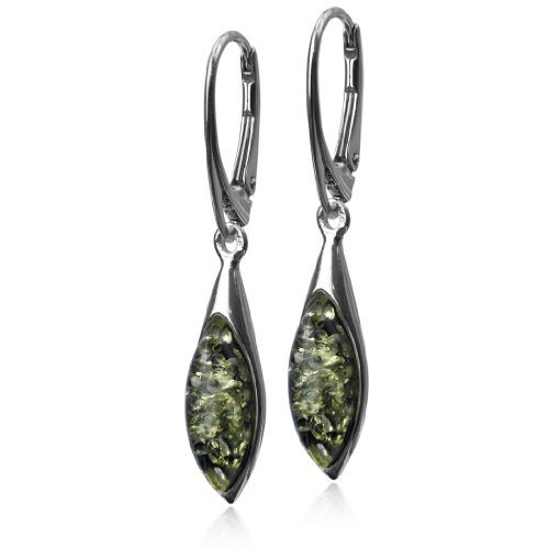 Sterling Silver Green Amber Marquise Leverback Earrings