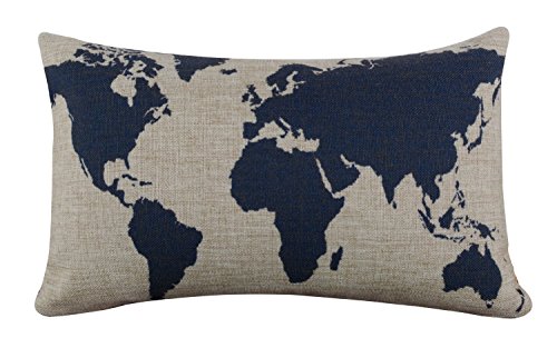Wonder4 Burlap Linen Dark Blue World Map Decorative Cushion Cover Pillow Case 20 X 12