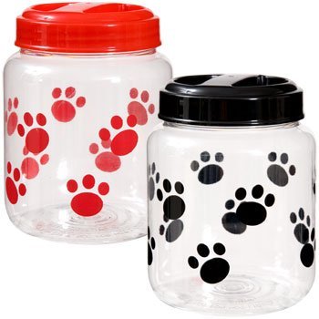 Cats BPA-Free Plastic Airtight Pet Treat & Food Storage Containers Canisters Black & Red Paw Print (Set of 2)