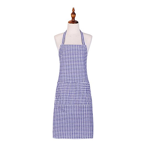 Jennice House 100% Cotton Professional Kitchen Chef Bib Gingham Aprons with Pockets in Large Size (Navy)