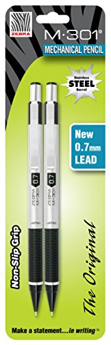 Zebra Pen M-301 Mechanical Pencil Stainless Steel 0.7mm Lead 2-Pack Carded, 54312 (Steel)
