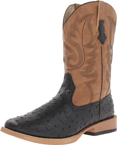 Roper Men's Ostrich Print Square Toe Cowboy Boot Black Faux Leather/Western Stitch 13 D - Medium