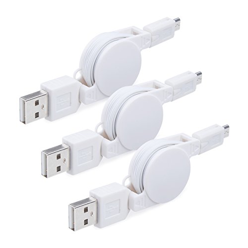 Micro USB Retractable Cable, Ailikn 3pack High Speed 2.5ft USB 2.0 A Male to Micro B Data Charge Cable for Android, Samsung, LG and More Device, White