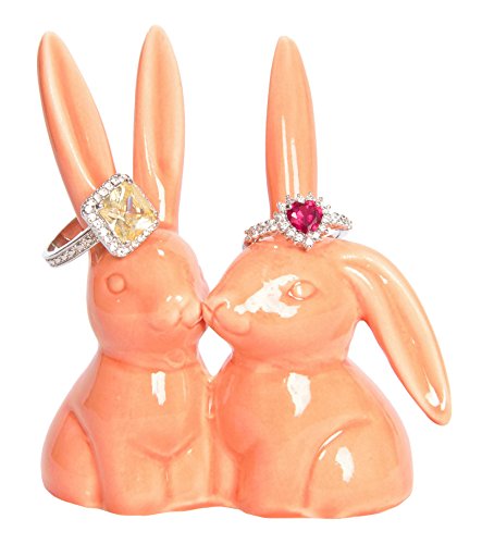 Bunny Rabbit Ring Holder, Coral Ceramic Engagement & Wedding Ring Holder, Measures 2.75Wx3.25Hx1.75D