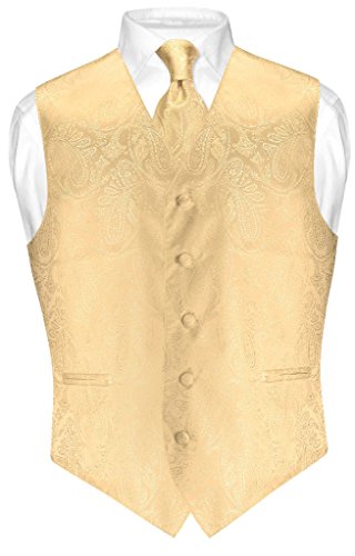 Men's Paisley Design Dress Vest & NeckTie GOLD Color Neck Tie Set for Suit Tux