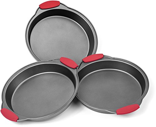 Elite Bakeware 3 Piece NonStick Cake Pans Set with Silicone Handles - Easy Release Non Stick Coating - Wide Round Ends For Easy Handling - Commercial Grade Baking Pans For All Cakes