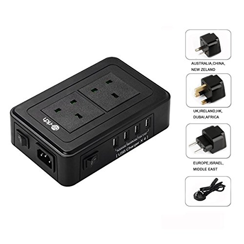 Te-Rich Portable 2 Way Outlet & 4 USB Ports Extension Lead Power Strip, Surge Protector With 3 International Adapter & 5.9ft Detachable Power Cord, Universal Voltage 2500W/6A AC Travel Power Sockets Charging Station for Smart Phones, Tablets, Cameras, Desk Lamps, Computers