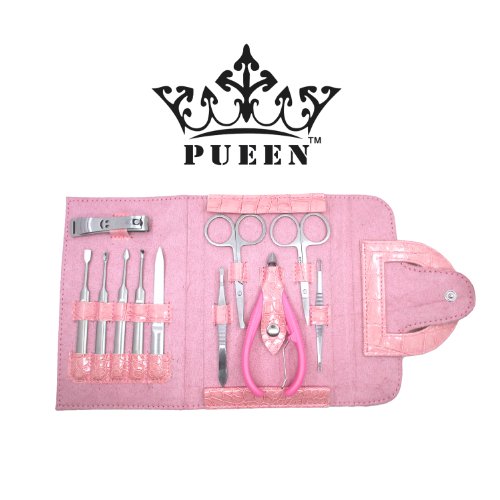 PUEEN Pink Crocodile 11 Pcs Stainless Steel Manicure & Pedicure Kit, Travel & Grooming Set, Personal Care Tools in Pink Roll Up Vegan Leather Case-BH000010