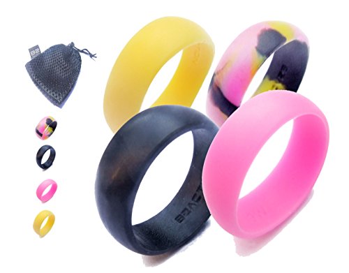 Women's Silicone Wedding Ring Band. B2ACTION 4 Colors Pack (Black,Pink,Yellow,Camo) With Gift Box