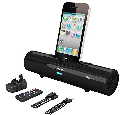 AZATOM® iFlute Black Portable Docking Station - Amazing Power and Quality - Power with Batteries, Mains Plug (included) or USB Lead (included)- Superb Sound from such a Compact Speaker - Compatible with iPhone 3G, 3GS, 4, 4S - iPod nano 1,2,3,4,5,6th Generations, iPod Touch 2,3,4th - iPod Classics all. Also, fully compatible with iPhone 5/5C/5S, Nano 7G, Touch 5G, when using the Official Apple Lightning to 30-pin adapter(purchased separate) - 3.5mm Jack Cable (included) allows you to connect any Audio Device through the Headphone Jack - Full Remote Control - Unique Design - Quality Sound