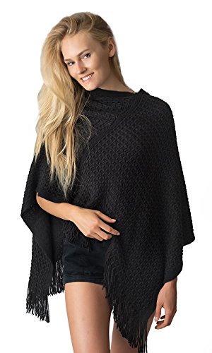 LL- Short Open Knit Asymmetric Pullover Poncho Sweater Top Shawl Wrap with Fringe