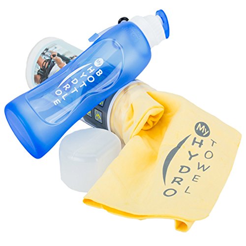 Stay Hydrated Sports Bundle | Collapsible, Silicone Water Bottle With Clip + Micro-Fiber Sports Towel In Reusable Case (3 Items) Blue