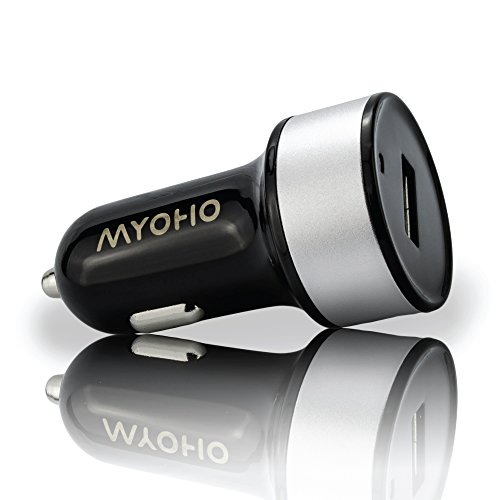 MYOHO 2.4 A 12 W Single Port Universal LightSpeed USB fast Car Charger for rapid charging at 2.4 Amps; smart IC intelligent detection circuit; fastest, most efficient, stylish, compact, high speed with LED for iPhone 6S, iPhone 6S Plus, iPhone 6, iPhone 6 Plus, iPhone 5s, iPhone 5c, iPhone 5, iPhone 4s, iPhone 4; iPad5, iPad Air 2, iPad Air, iPad Mini; iPod Touch, Nano; Samsung Galaxy S5, S4, S3, S2, Galaxy Note 3, Note 2; LG G3, LG G2; Nexus 5, 4, 7, 10; Motorola Droid, Razr, Maxx; Blackberry; Nook; Nokia Lumia 2520; HTC One M8 X V S; other apple, android, windows smartphones, tablets, bluetooth speakers & headsets, all USB powered devices; black with metal band, 1 year warranty