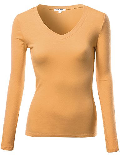 Basic Solid V-neck Long Sleeve T-shirts Mustard Size L