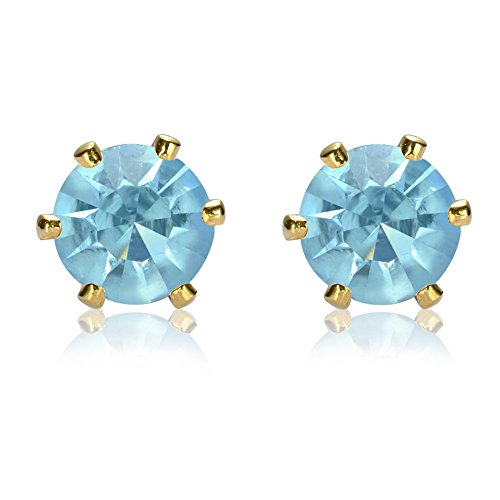 Rizilia Jewellery Round Cut 5mm Aquamarine Color Gemstones Fine CZ 18K Yellow gold Plated Stud Earrings Simple Modern Elegance [Free Jewelry Pouch]