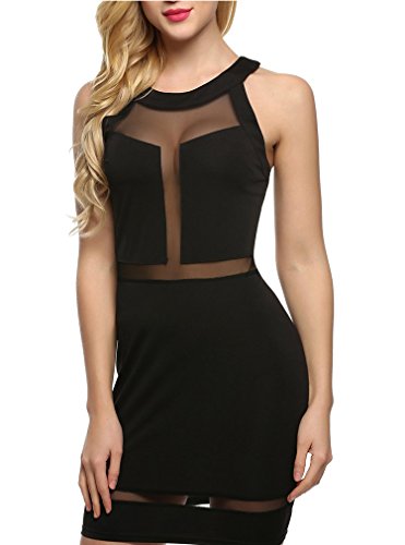 OURS Women Sleeveless Mesh Patchwork Sheer Bodycon Cocktail Party Mini Dress ... (XL, Black)