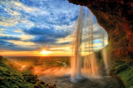 Waterfall at Sunset - XXL Mural Waterfall Sunset- Poster 82.7 Inch x 55 Inch
