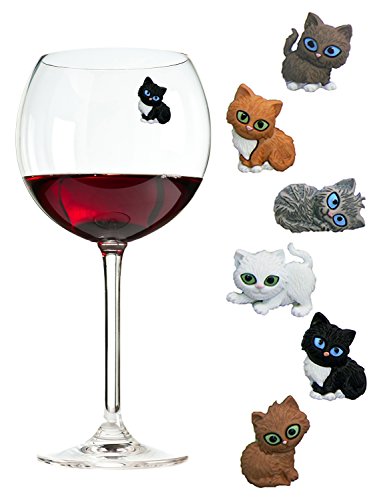 Simply Charmed Cat Wine Charms or Glass Markers - Magnetic - Great Birthday or Hostess Gift for Cat Lovers - Set of 6 Cute Kitty Glass Identifiers
