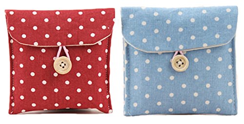 iSuperb® Sanitary Napkins Bag Menstrual Cup Pouch Nursing Pad Holder Cute Polka Dot Cotton 4.7x4.7 inch Washable Organizer Storage 2 Pack 1 PCS Wine Red and 1 PCS Blue