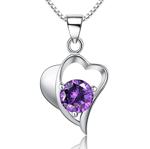 MIGAGA 925 Sterling Silver Amethyst Color Cubic Zirconia CZ Heart Pendant Necklace with 925 Sterling Silver Chain