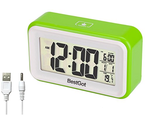 Alarm clock, BestGot 6 Alarm Clock Desktop Clock, Date and Temperature Light-activated Sensor Light Touch-activated,Batteries/DC Charger,Alarm for daily/workdays (white Backlight)(Green/White)
