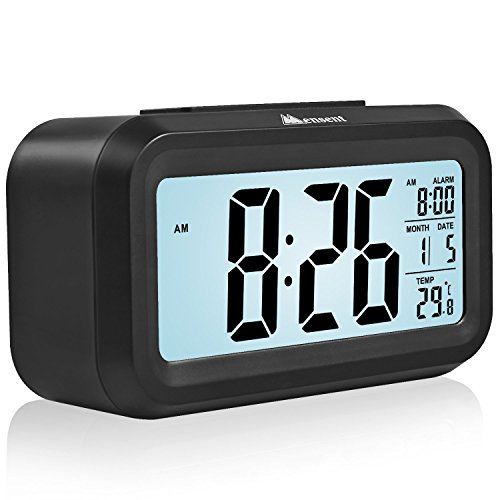 Alarm Clock with Big LCD Screen, Morning Clock with Gradually Stronger Sound Wake You Up Softly. Black Color.