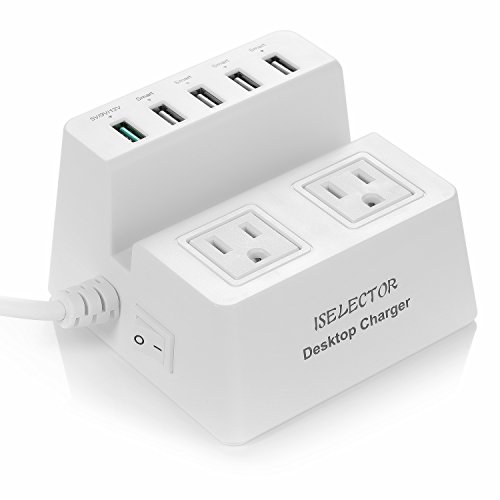 Iselector 40W 5-Port Smart USB Charger with Fast Charging Technology (5V/9V/12V) and 2-Outlet Power Strip with 1700J Surge Protector 5 Feet Cord