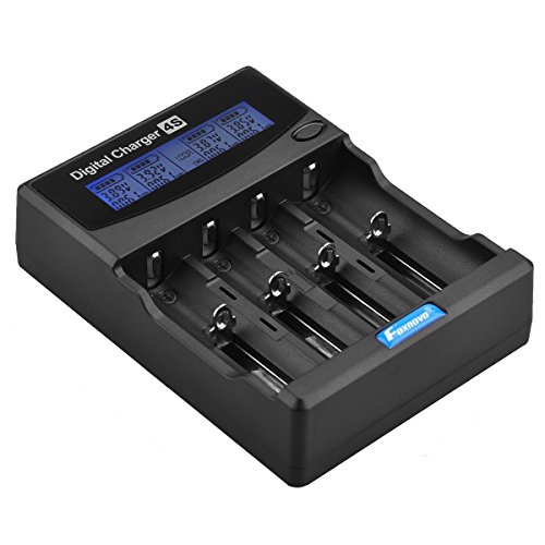 Foxnovo F-4S 4-Slots Li-ion Ni-MH Ni-CD Sound Prompt Battery Capacity Testing LCD Intelligent Battery Charger with US-plug Adapter 12V Car Adapter for 26650, 22650, 18650, 18500, 18490, 17670, 17650, 17500, 16340, 14500, 10440 Ni-MH and Ni-CD A, AA,