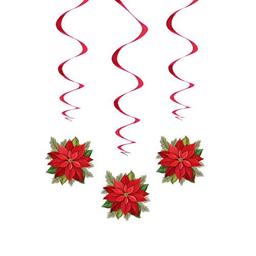 66cm Hanging Swirl Poinsettia Tartan Christmas Decorations, Pack of 3