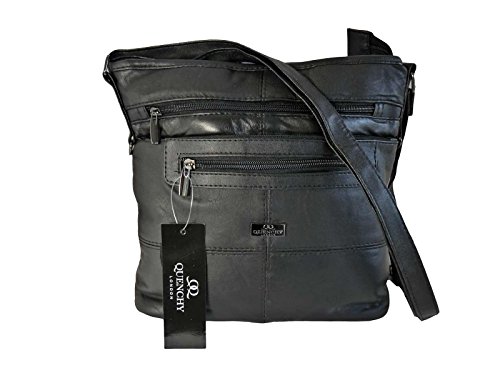 Ladies Handbag - Women's Plain Black Single Strapped Bags - Premium Soft Sheep's Leather Hand Bag - Cross Body Shoulder Handbags - Multiple Pockets - Single Adjustable Strap Bags - Quenchy QL922