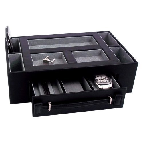 Black Leather Valet Jewelry Box with Pen and Watch Drawer Catchall Tray