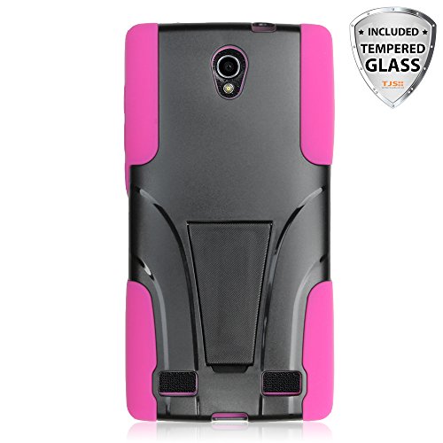 ZTE Zmax 2 - Z958 Case With TJS® Tempered Glass Screen Protector Included, Dual layer Armor Rubber Shockproof Rugged Hybrid Soft Drop Protection Built-in Kickstand For ZTE Zmax 2/Z958 (Pink/Black)