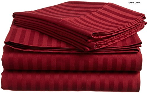 Crafts Linen Egyptian Cotton 650-Thread-Count Sateen 6 PCs Super King Sheet Set (+42 CM) Pocket Depth, Burgundy Stripe