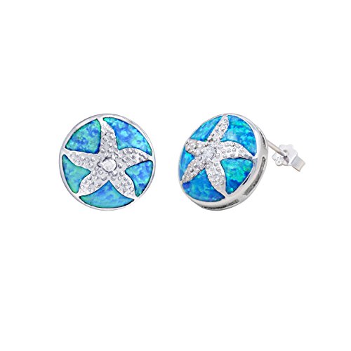 Sterling Silver Sand Dollar with Synthetic Blue Opal Stud Earrings