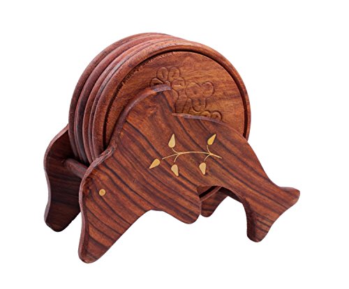 Mothers Day Gifts Hand Carved Wooden Drink Coasters Set of 6 in a Dolphin Shaped Holder, Bar Dining Accessories