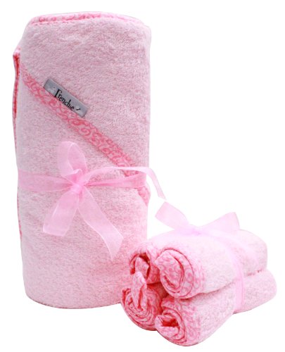 40x30 Absorbent Hooded Towel and 4 Wash Cloth Set, Pink, Frenchie Mini Couture