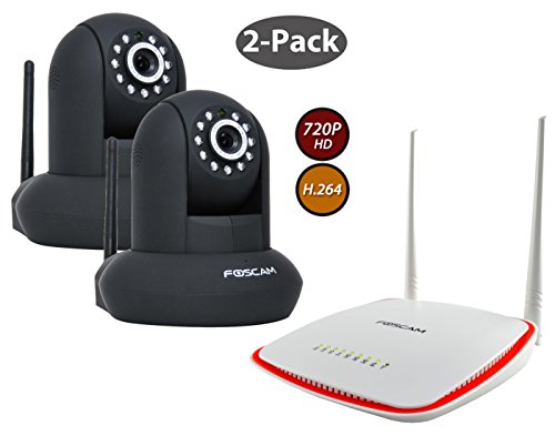 2-Pack Foscam FI9821W Black 1.0 MP (720P) WiFi IP Camera & FR305 WiFi Router/Repeater Bundle, Dual Range Amplification
