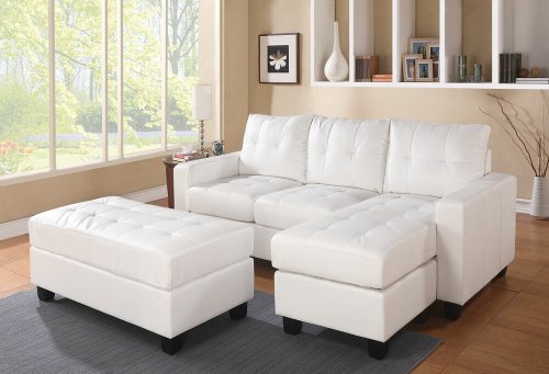 2 pc Lyssa collection white bonded leather match upholstered sectional sofa with reversible chaise with squared arms and free ottoman