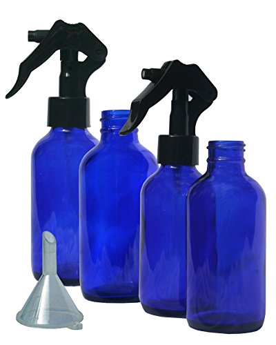 New 4 OZ Empty Glass Spray Bottle - Refillable Blue Boston Round Bottles - 4 Pack Box, Black Fine Mist Sprayer, Reusable Container for Essential Oils, Cleaning Products, Organic Beauty