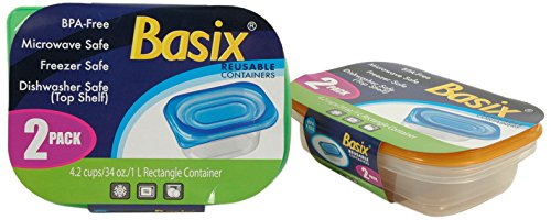 Basix Rectangle Disposable Food Storage Container, 34-Ounce, Clear with Color Lid, 2-Pack