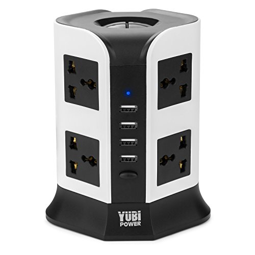 Yubi Power Surge Protection Power Strip Tower with 8 Universal Outlet 4 USB Port with Overload Protection - 2500-4000W - 110-250V - USB 2.1A - for iPhone 6 / 6 Plus / 5S / 5, iPad Air / Mini, Samsung Galaxy Note 4 / Note 3 / Note 2 / S5 / S4 / S3 and other Smartphone and Tablet