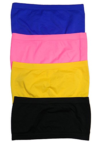 3 Pack Seamless Bandeau Top Nylon Spandex Multiple Colors,One Size,4 Pack: Bright Royal/Fuschia/Yellow/Blac